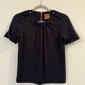 Women’s Tory Burch Navy 100% wool short sleeve sweater Top with Button Accents